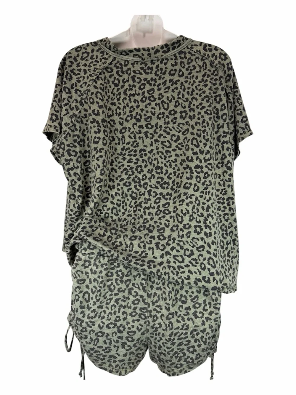Leopard Lounge Set Maronie Olive Green Oversized Top Drawstring Shorts S Boho